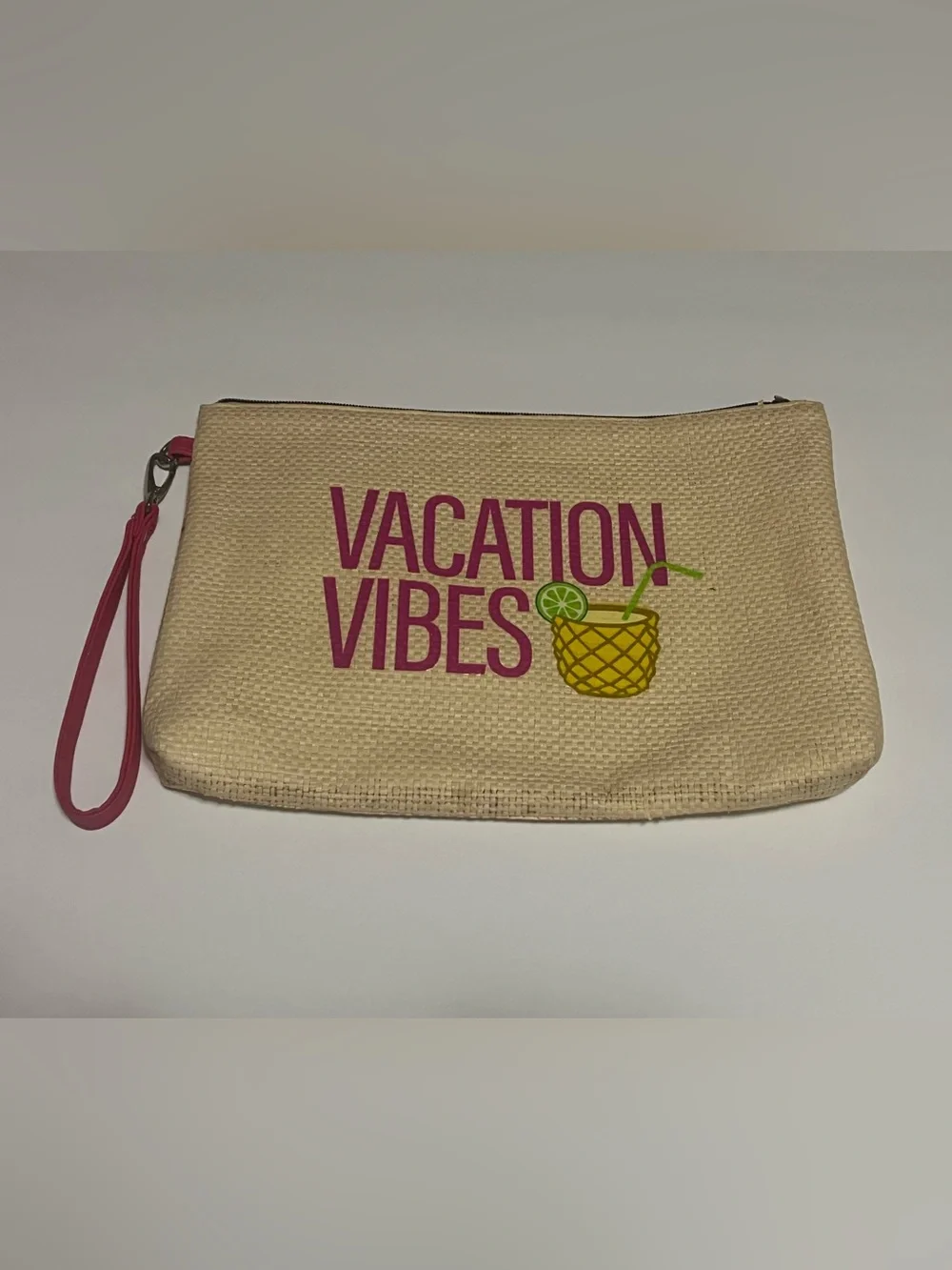 Vacation Vibes Straw Large Wristlet Natural Pink & Yellow Preloved/See Pics